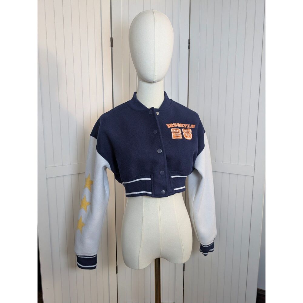 Forever 21 Cropped Varsity Jacket Brooklyn 28 Navy White Wool Blend Small - Picture 2 of 8